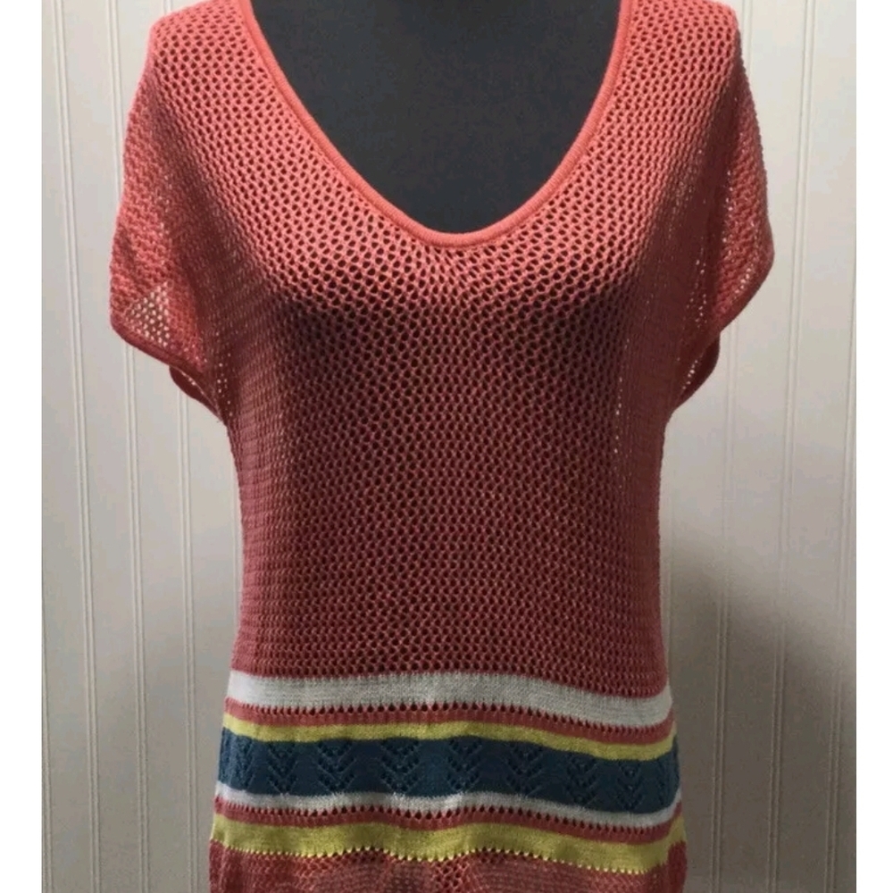 Tulle Coral Knit Top with Multicolor Stripes